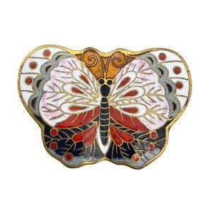 Cloisonne Butterfly pill box trinket box small white blue floral Enamel